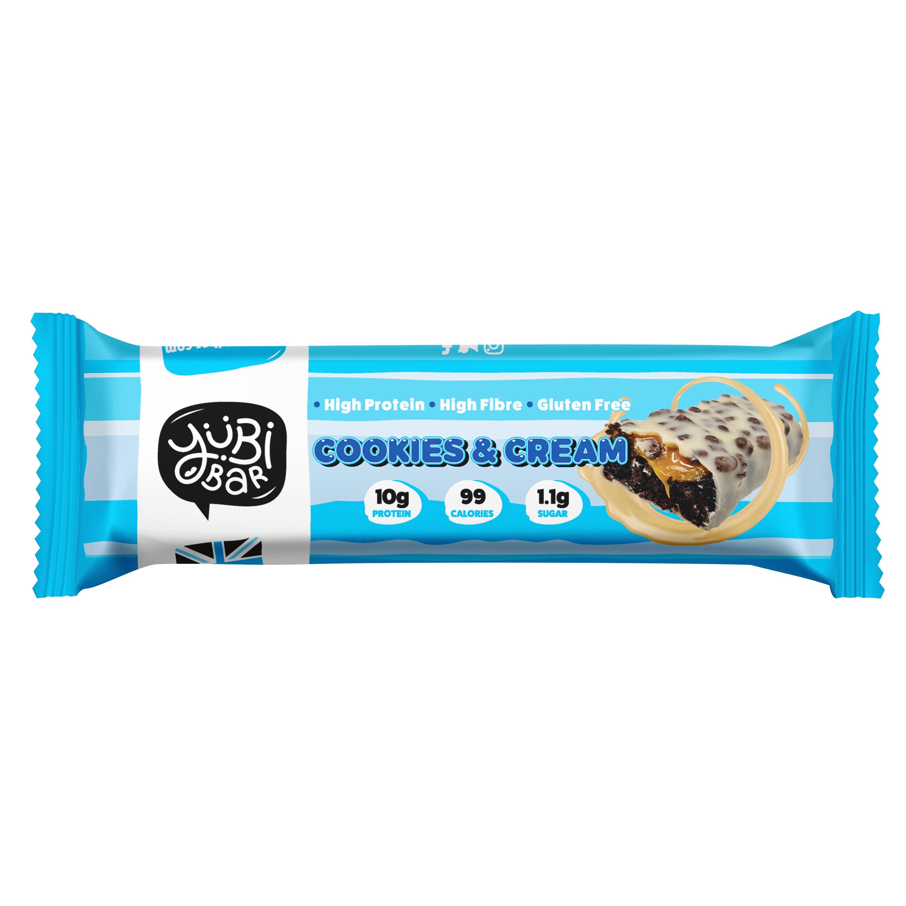 YuBi Bar Cookies & Cream protein bar in blue and white wrapper, showing a cross-section.