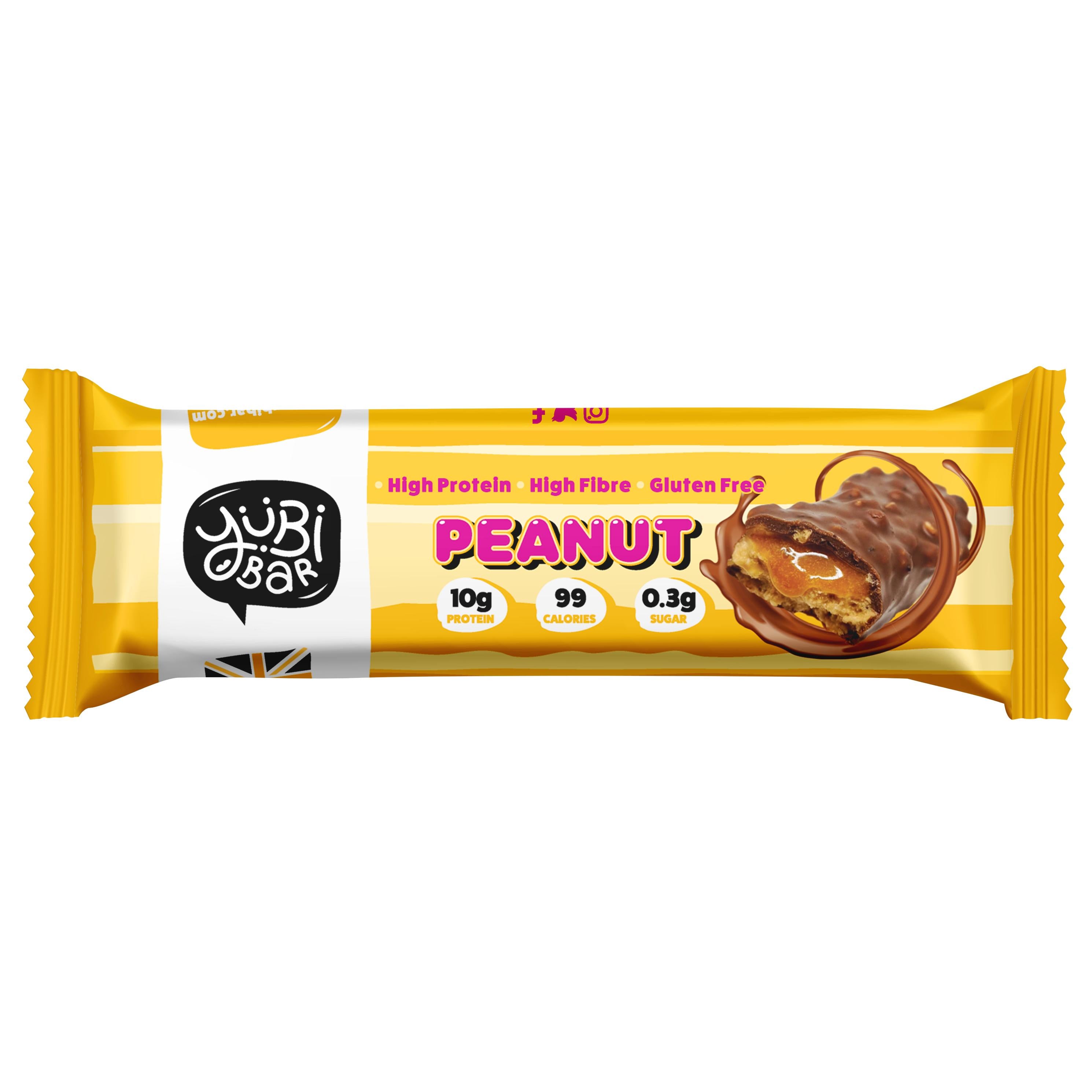 Yellow YuBi Bar Peanut Protein Bar wrapper with a chocolate-covered bar, 10g protein, 99 calories.