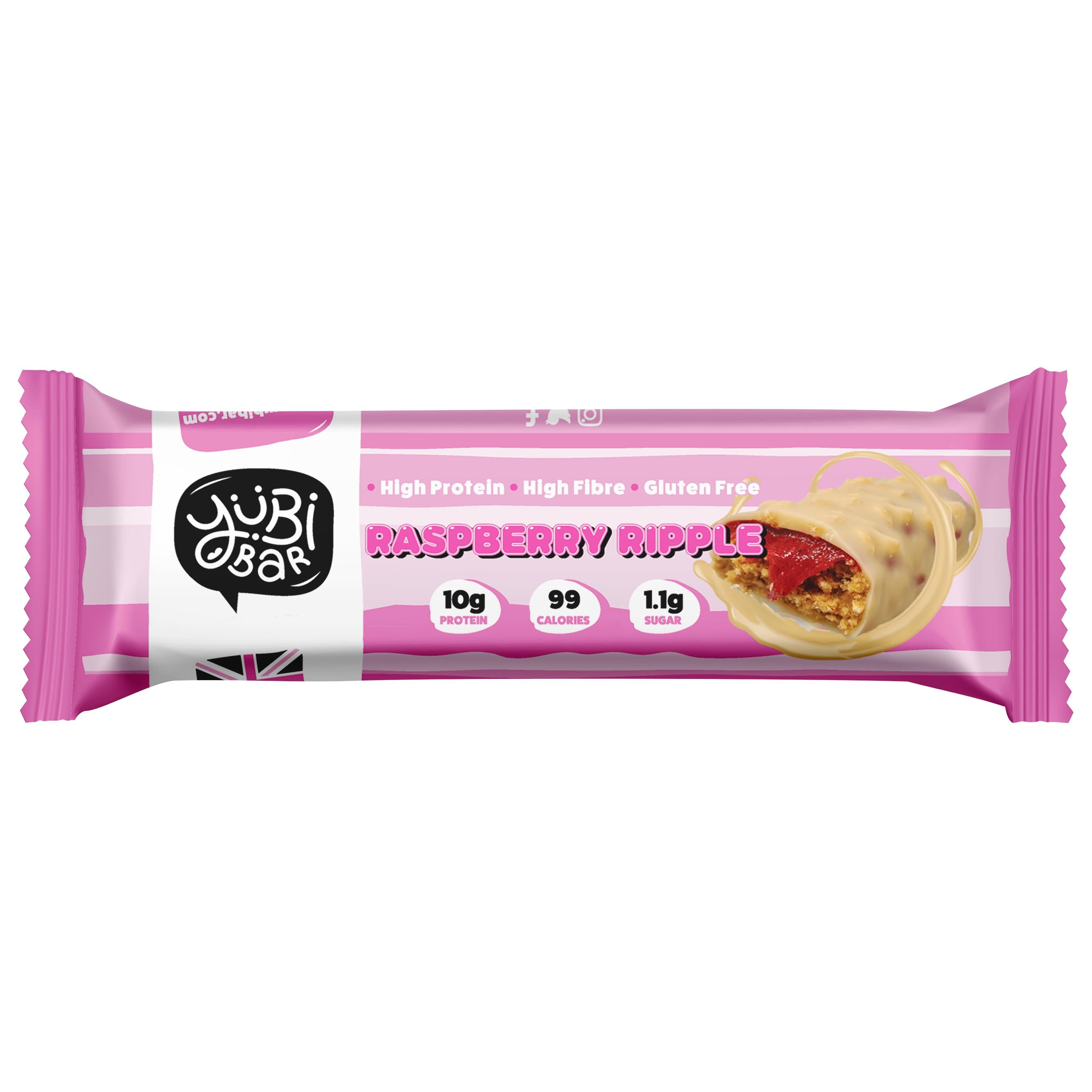 YuBi Bar Raspberry Ripple Protein Bar in pink and white striped packaging, showing a cross-section with raspberry filling and white chocolate drizzle.