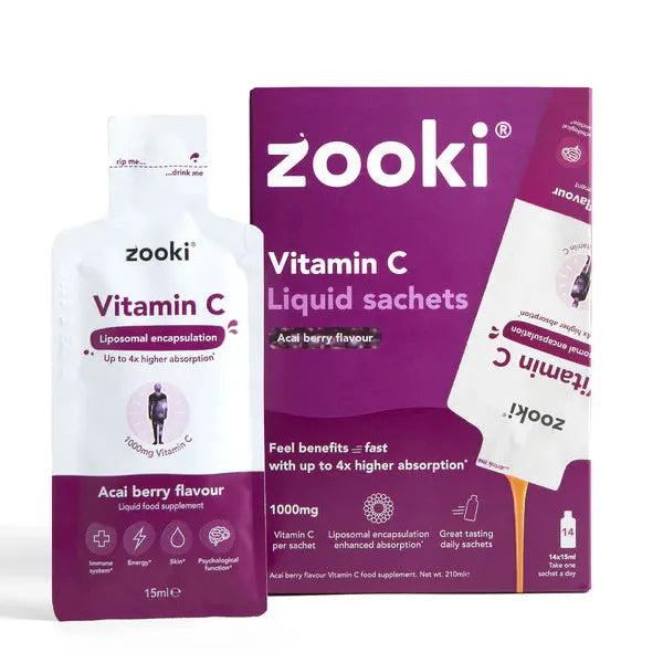 Zooki Vitamin C Acai Berry liquid sachets, a purple and white box with one sachet visible.