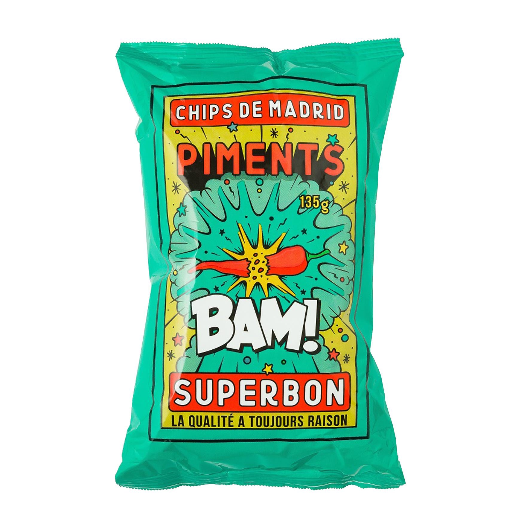 Superbon Piments 125g chips bag, vibrant green with red chili pepper graphic and "BAM!" text.
