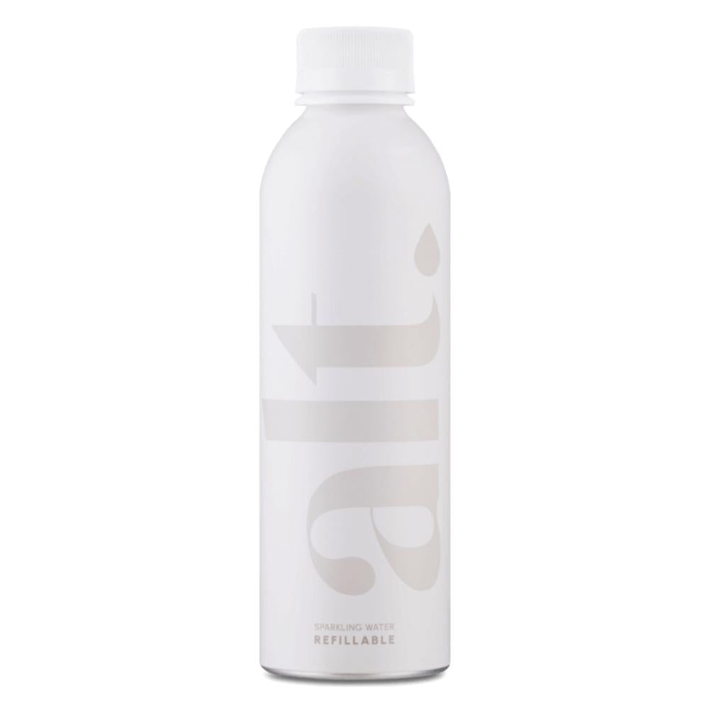 Altwater 600ml sparkling British spring water in a sleek, matte white aluminum bottle with "alt" logo and "REFILLABLE" text.