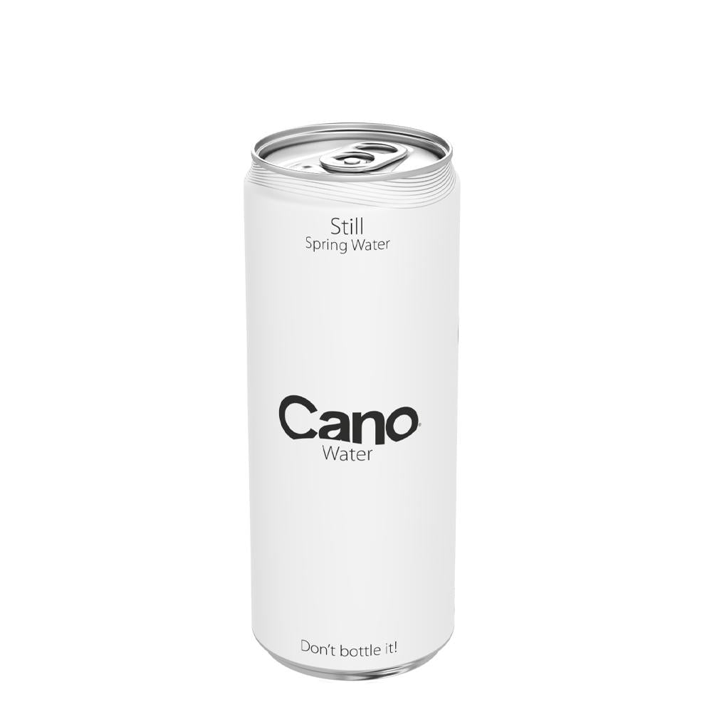 White Cano Still Spring Water aluminum can with silver ring pull top.