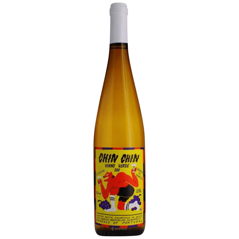 Chin Chin Vinho Verde white wine bottle with a vibrant red and yellow label featuring a cartoon figure.