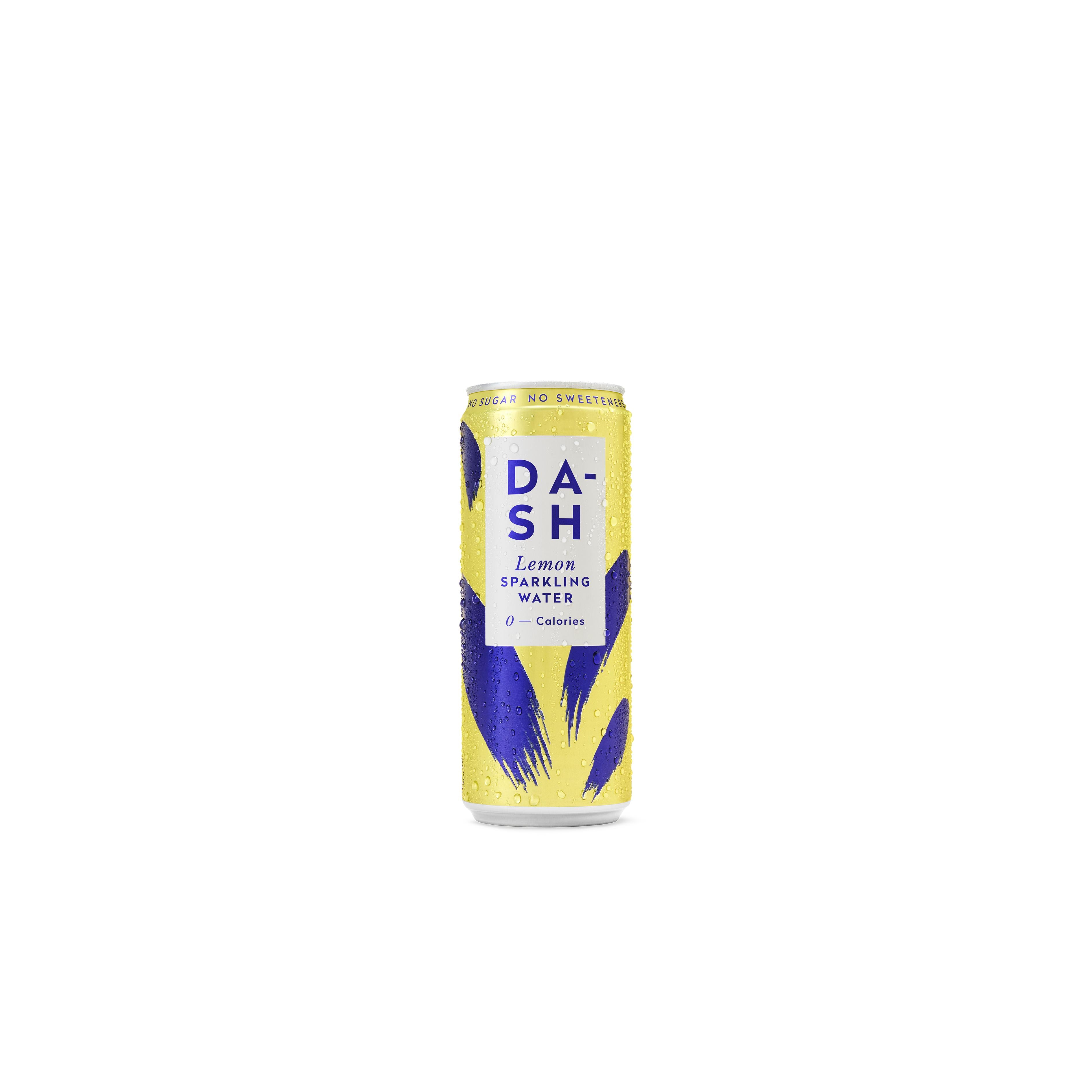 DASH Sparkling Lemon water can, yellow with purple brush strokes and condensation.