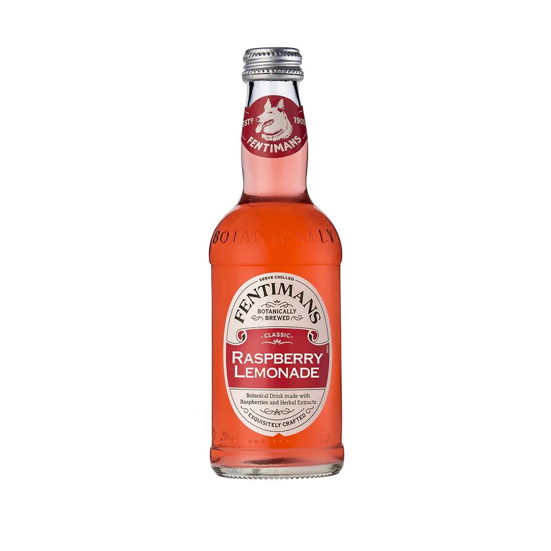 Fentimans Raspberry Lemonade in a clear glass bottle with a silver cap and red and white label.