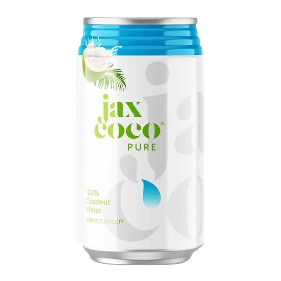 White 330ml Jax Coco Pure coconut water can with blue top, green logo, and coconut splash graphic.