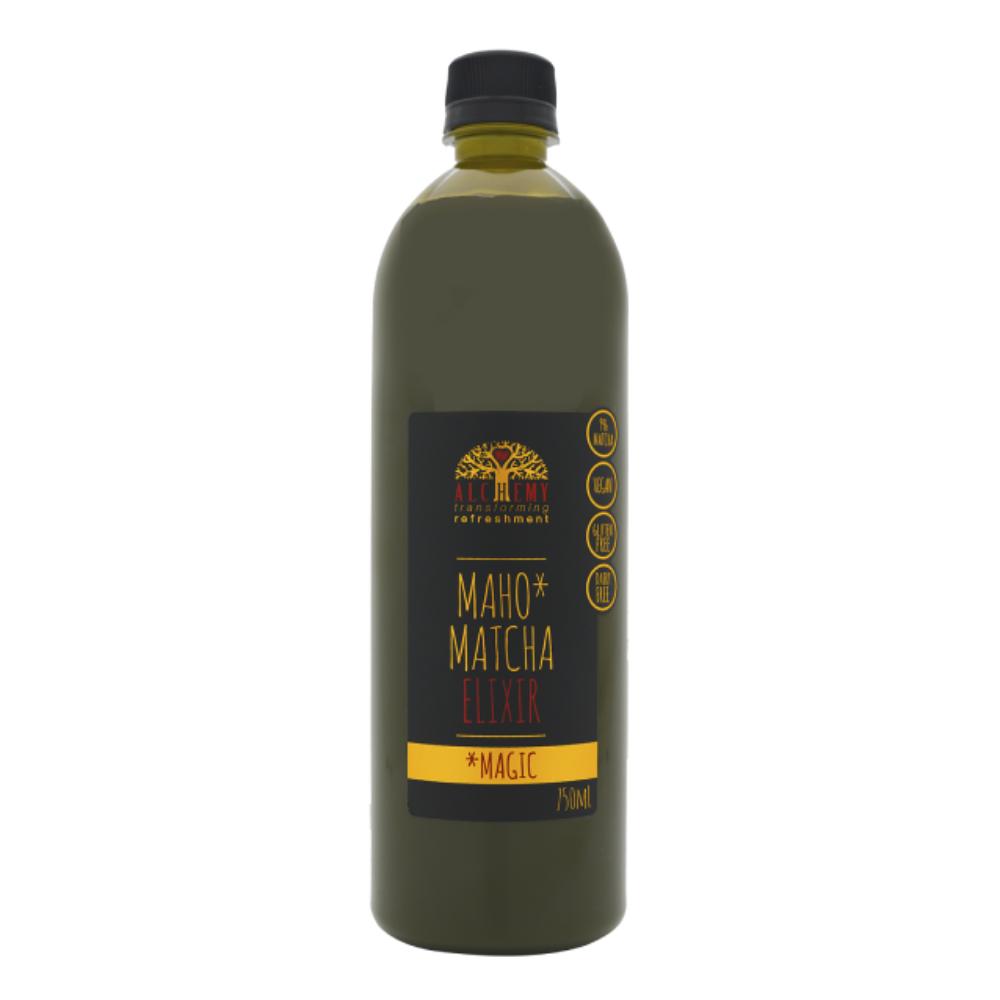 Dark green 750ml bottle of Alchemy Maho Matcha Elixir with a black label and cap.