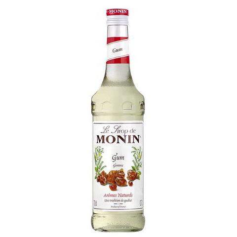 Clear glass bottle of Monin Gomme Syrup, 70cl, with a white label and red cap.