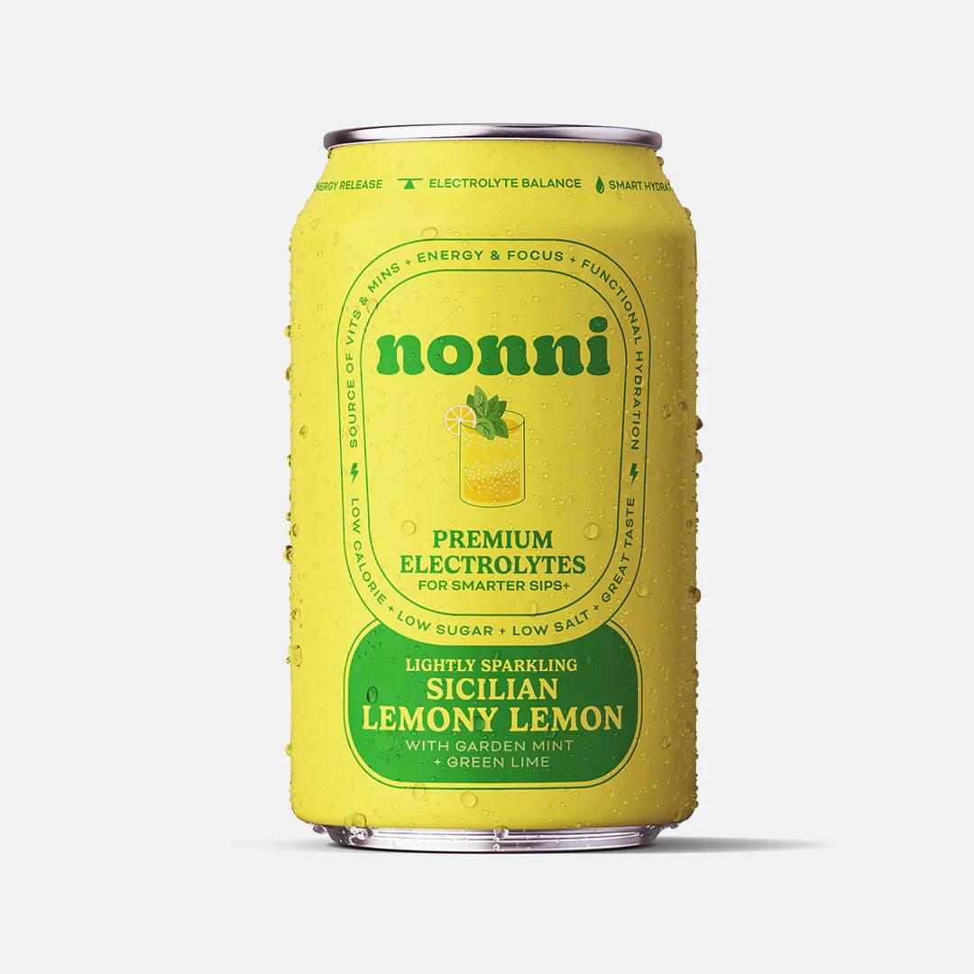 Dewy yellow Nonni Sicilian Lemony Lemon with Garden Mint + Green Lime can.