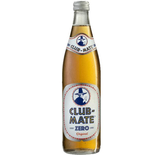 Club Mate Original Zero 500ml glass bottle with silver cap and blue, white, and red label.
