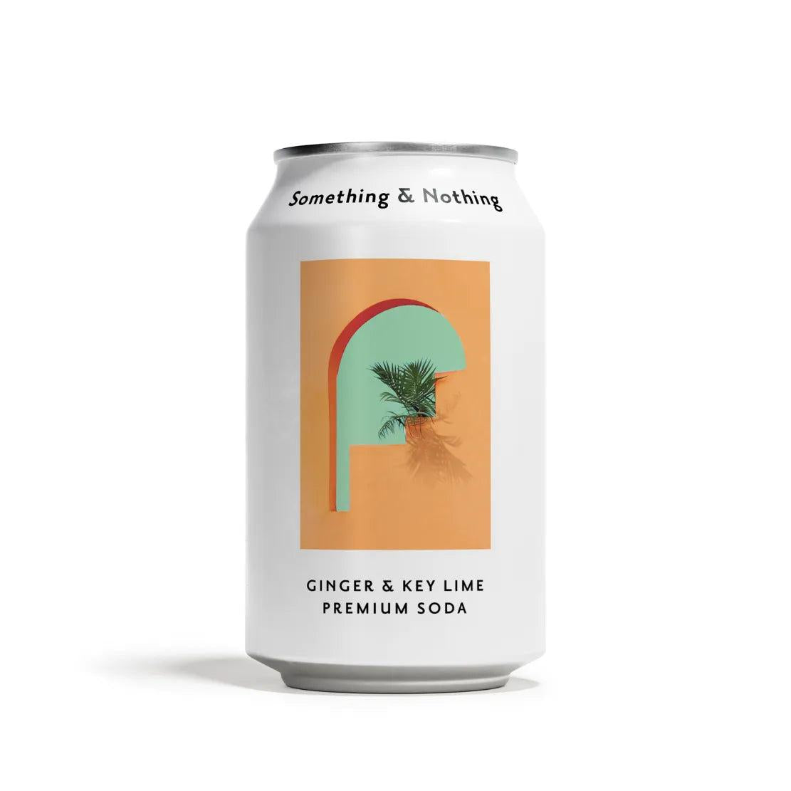 Something & Nothing Ginger & Key Lime Premium Soda 330ml can with abstract orange, teal, and palm leaf design.