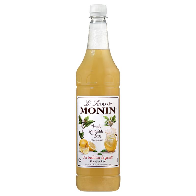 Monin Cloudy Lemonade Base 1L syrup in a clear glass bottle with a white cap and yellow label.