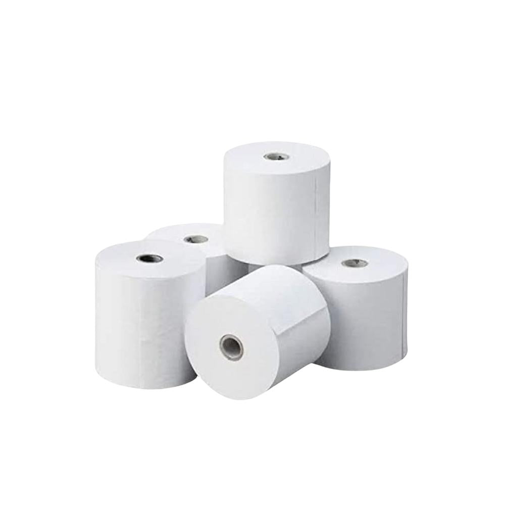 Pack of 5 white 80x80mm 1PLY thermal till rolls for POS systems.
