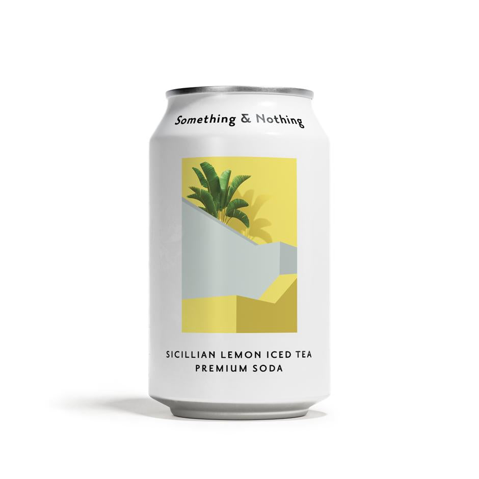 White Something & Nothing Sicilian Lemon Iced Tea 330ml can with a yellow, grey, and green abstract design.
