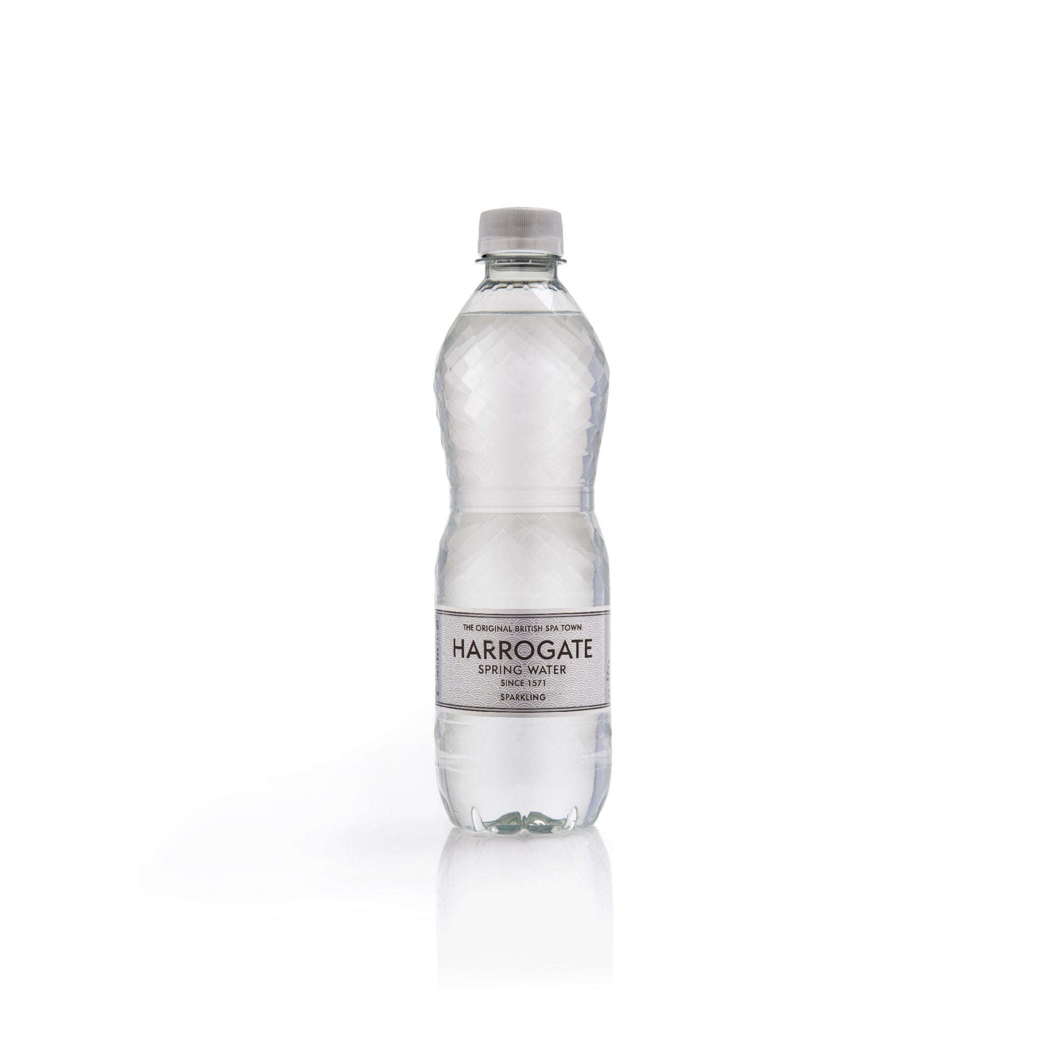Clear PET bottle of Harrogate Sparkling Spring Water with a grey cap and white label.