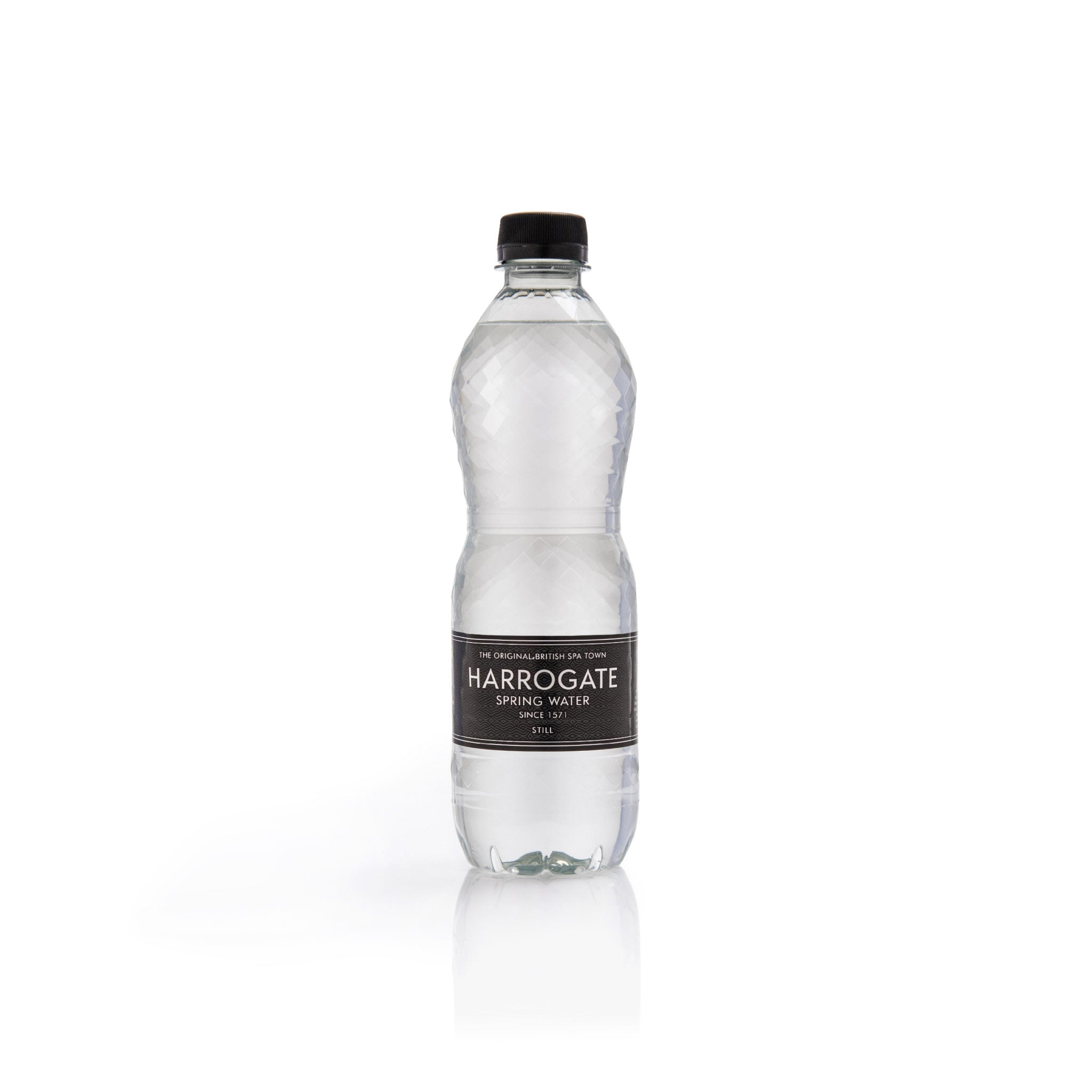 Clear PET bottle of Harrogate Still Spring Water with a black label and cap, 500ml size.