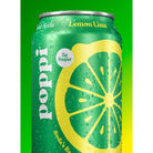 Green Poppi Lemon Lime soda can with water droplets, yellow sliced lemon graphic, and "5g Sugar" label.