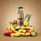 Brown smoothie bottle with "SMOOTHIE 04" label, surrounded by fresh apples, bananas, kiwis, pineapple, and green spirulina powder.