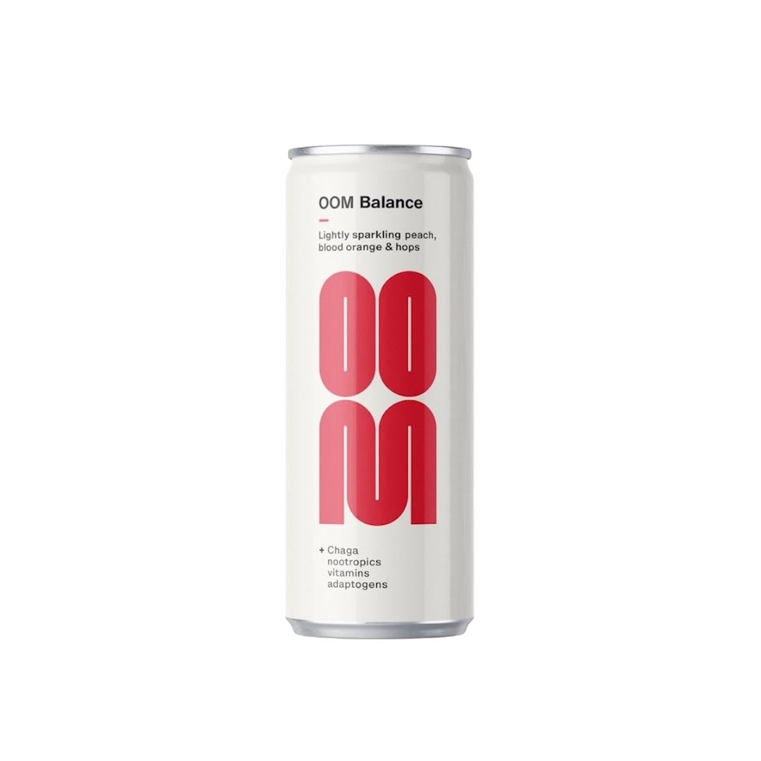 White OOM Balance 250ml can with red "OOM" logo and text, highlighting peach, blood orange, and hops.
