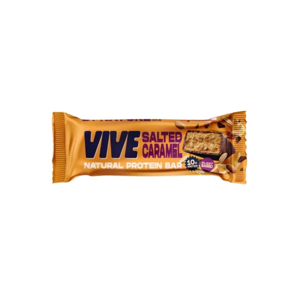 VIVE Salted Caramel Natural Protein Bar in orange packaging, showing a cross-section of the bar.