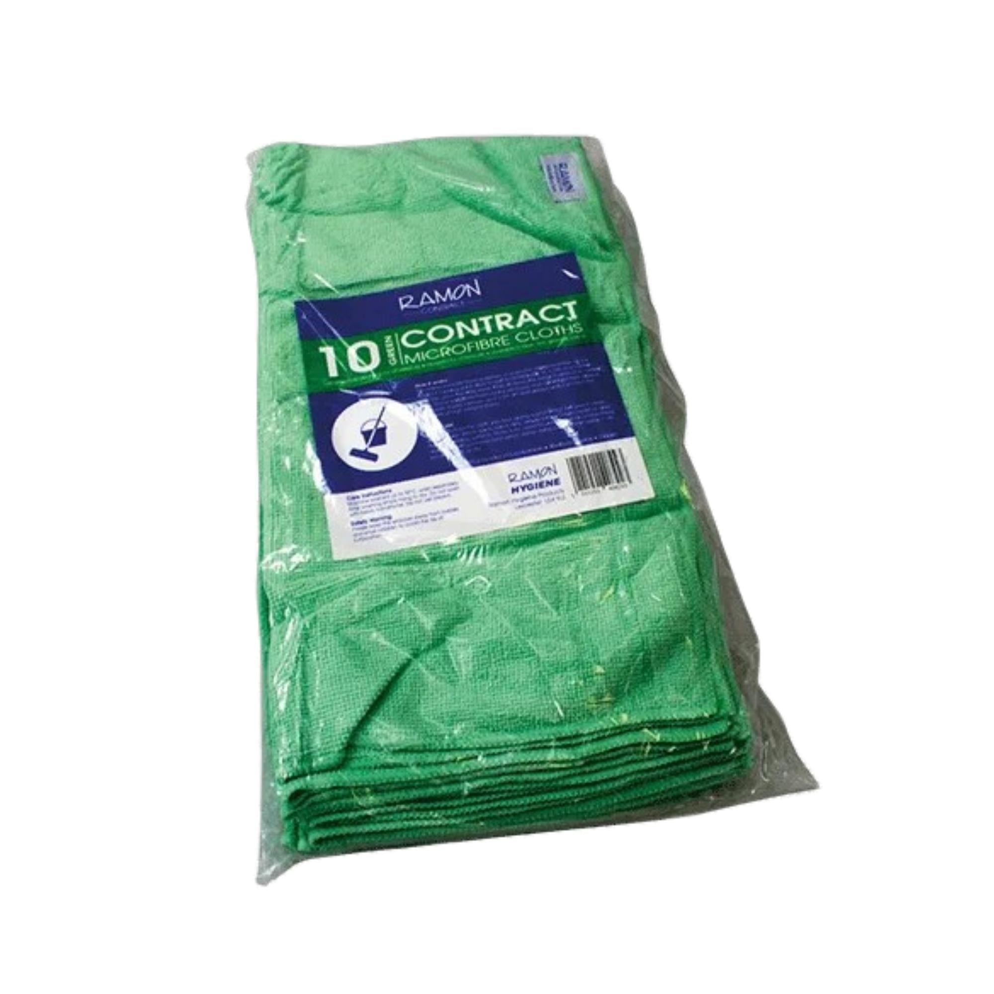 Pack of 10 green 40x40cm Ramon Contract microfibre cloths in clear plastic packaging.