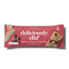 Deliciously Ella Apple & Raisin Oat Bar in red packaging with apple slices and raisins.