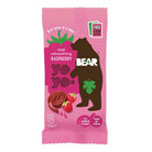 Pink Bear Yoyo Raspberry fruit roll snack pack with a brown bear logo and two fresh raspberries.