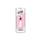 White Artisan Drinks Co. can with pink label featuring a woman in a white hat and pants, "Pink Grapefruit & Blood Orange Soda" text.