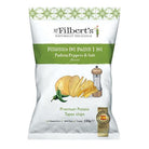 White bag of Mr Filbert's Padron Peppers & Salt potato chips with potato, peppers, and pepper mill.
