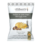 Mr Filbert's Black Truffle Tortilla chips bag with potatoes, truffles, and a shaker.