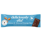 Deliciously Ella Cacao & Almond Energy Bar in light blue packaging with whole almonds and a visible chocolatey bar.