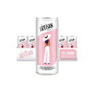 White Artisan Pink Grapefruit & Blood Orange soda cans with a stylish woman in a hat, 12x250ml pack.