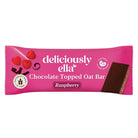 Deliciously Ella Chocolate Topped Raspberry Oat Bar in pink packaging with whole raspberries.