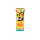 Flawsome! Apple Mango Orange Wonky Fruit Water carton, yellow with fruit, bee, and blue splashes.