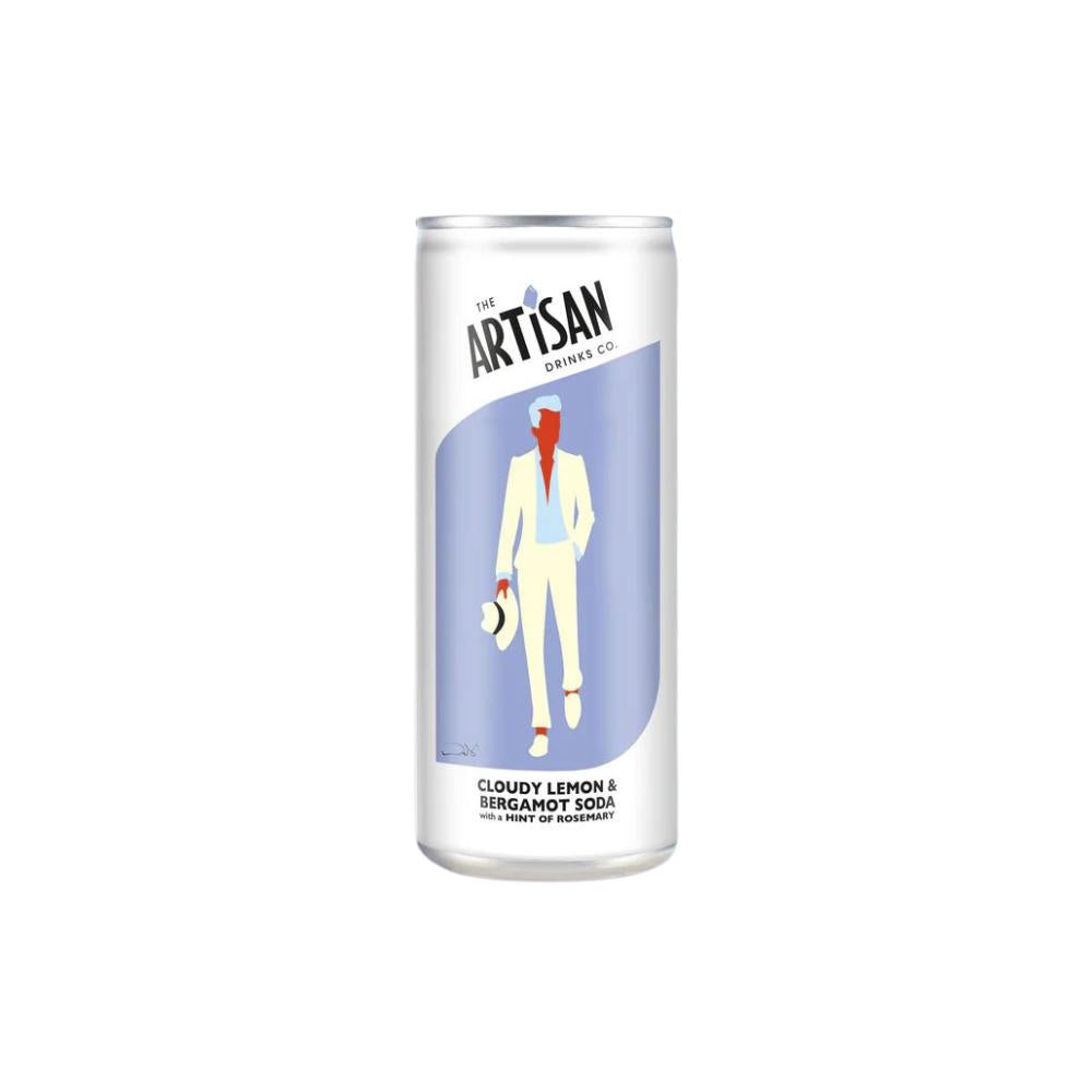 White Artisan Drinks Co. 250ml can with a blue and white illustration of a person in a suit and hat.