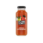 Flawsome! Wonky Apple & Strawberry cold-pressed juice in a clear glass bottle with black cap.