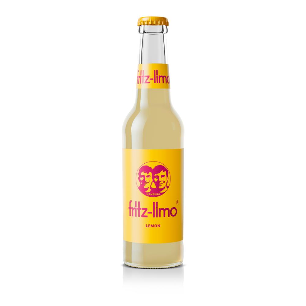 Fritz-Limo Lemonade in a clear glass bottle with a yellow label and cap, featuring two faces.