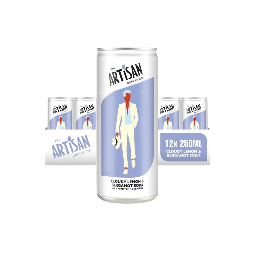 White Artisan Drinks Cloudy Lemon & Bergamot Soda 12x250ml pack with individual cans featuring a man in a suit.