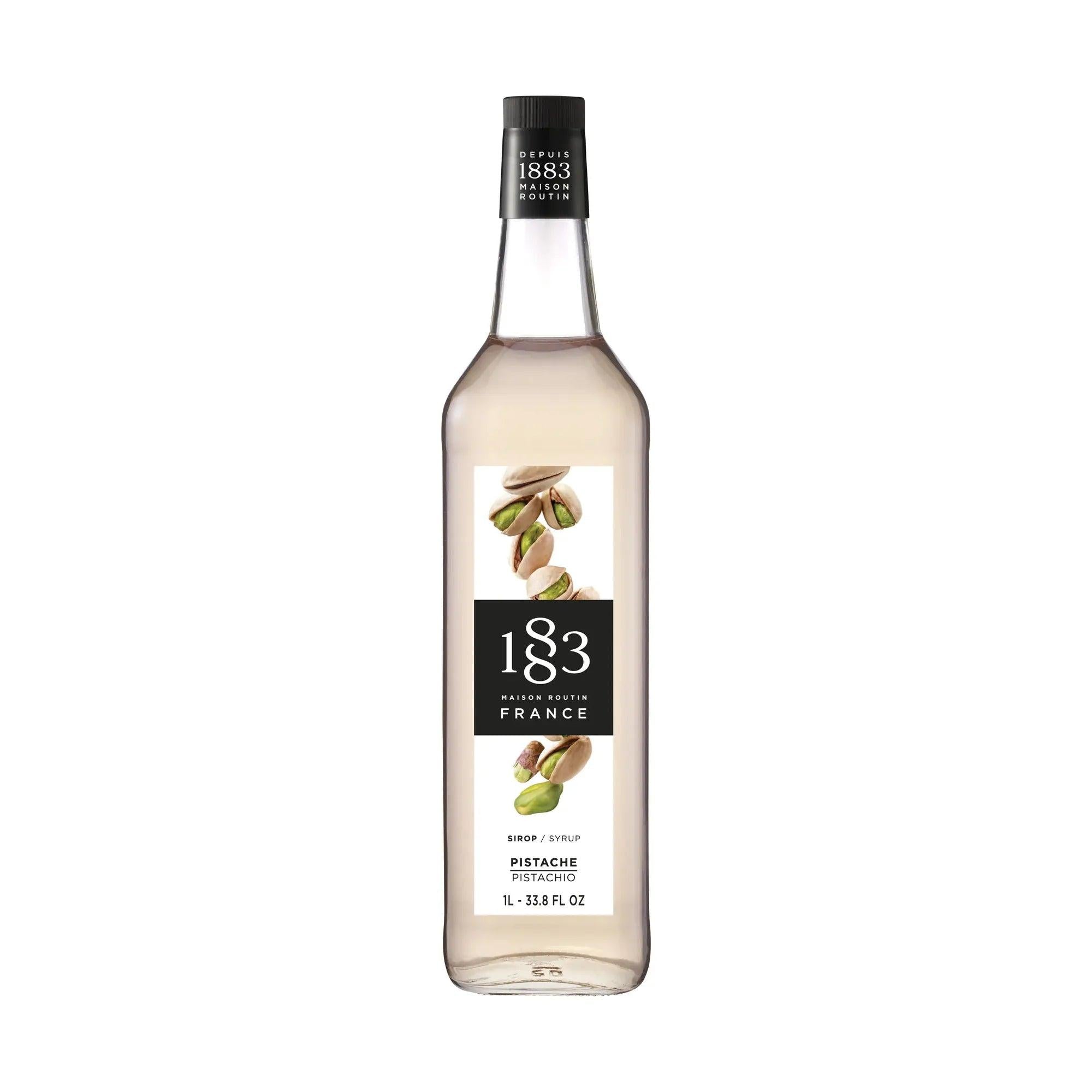 1883 Maison Routin Pistachio Syrup 1L bottle with a black cap and label featuring pistachios.