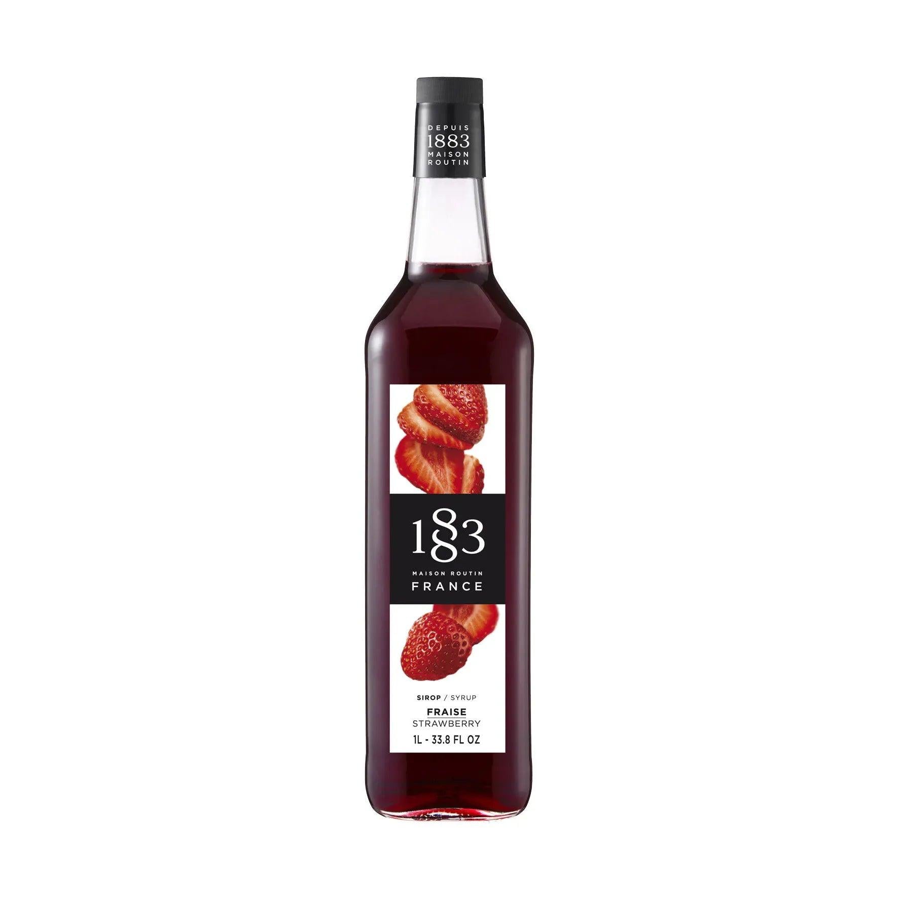 1883 Maison Routin Strawberry Syrup 1L in a clear glass bottle with black cap and strawberry label.