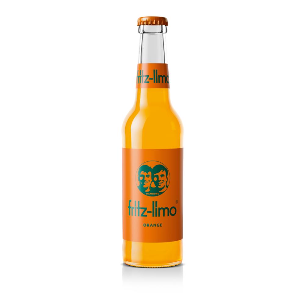 Fritz-Limo Orangeade 330ml glass bottle with orange liquid, label, and cap.