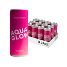 Pink Aqua Glow Berry Crush collagen drink can next to a white 12-can case.