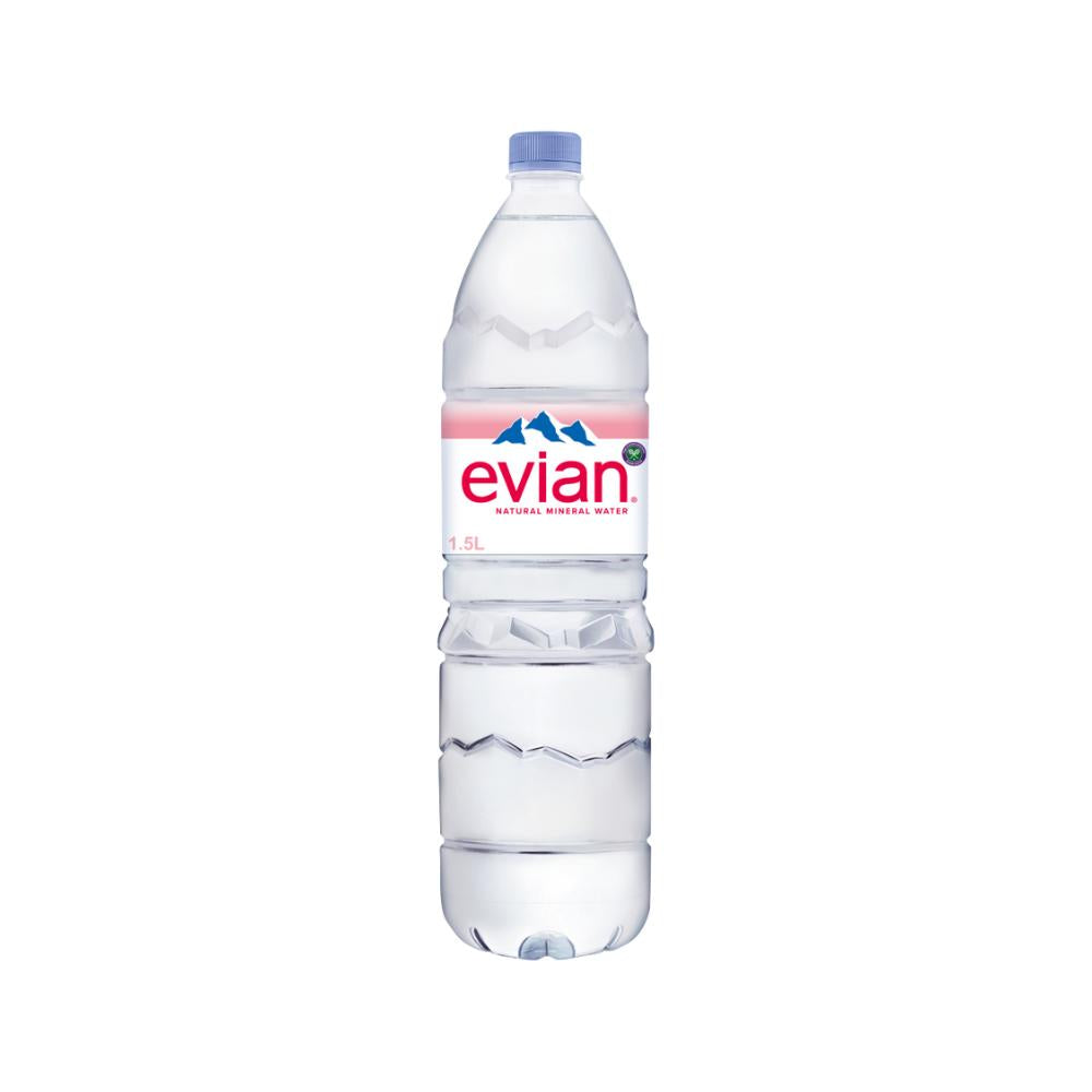 Clear plastic Evian 1.5L natural mineral water bottle with a light blue cap and pink label.