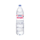 Clear plastic Evian 1.5L natural mineral water bottle with a light blue cap and pink label.