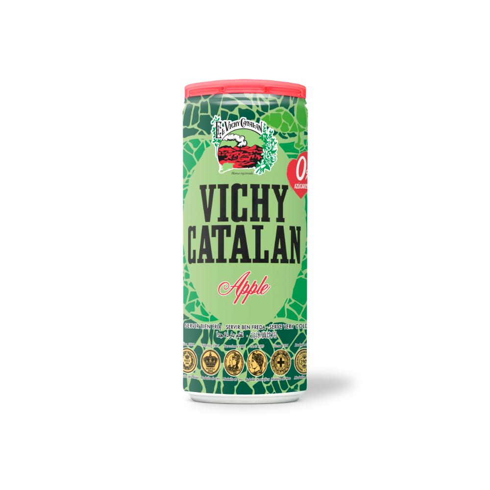 Vichy Catalan Manzana apple-flavored sparkling water can, green with red top and "0 Azúcares" label.
