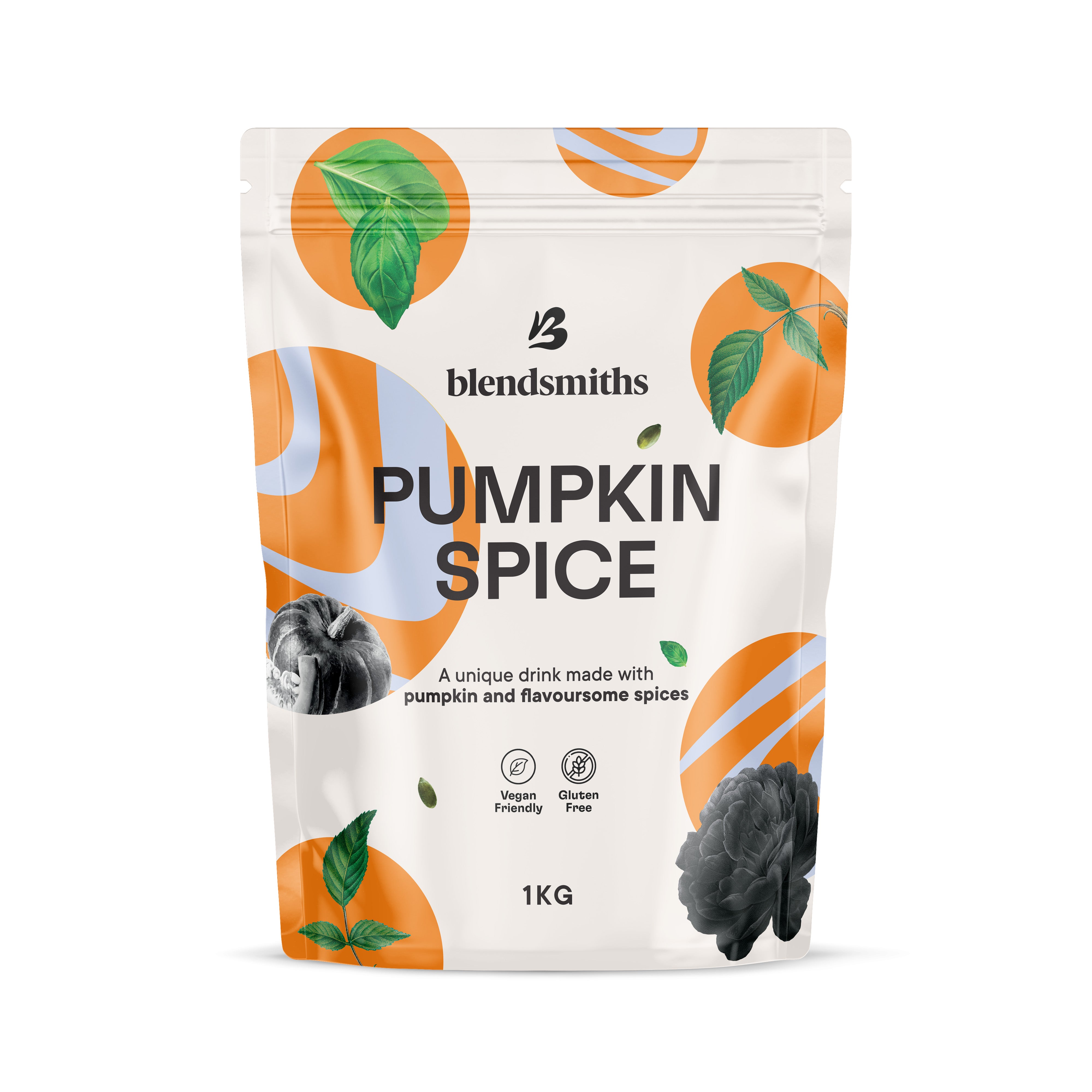 White Blendsmiths 1kg Pumpkin Spice blend pouch with orange accents, green leaves, and black & white pumpkin graphics.