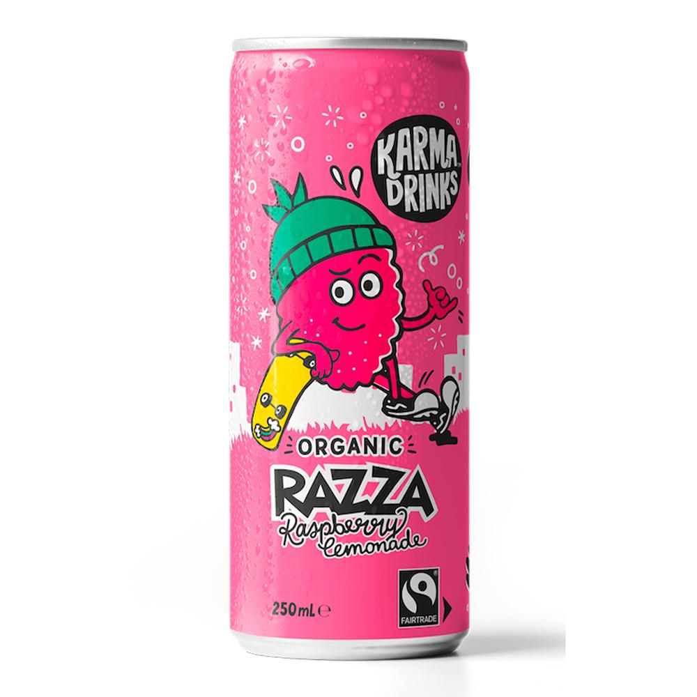 Pink Karma Razza Raspberry Lemonade 250ml can with cartoon character, organic and Fairtrade logos.