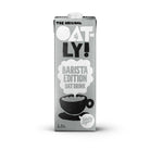 Oatly Barista Edition 1.5L oat drink carton, gray with black text and coffee cup graphic.
