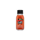 Flawsome! Gut Health + Prebiotics Shot: a small glass bottle with a black cap, filled with a red strawberry drink.